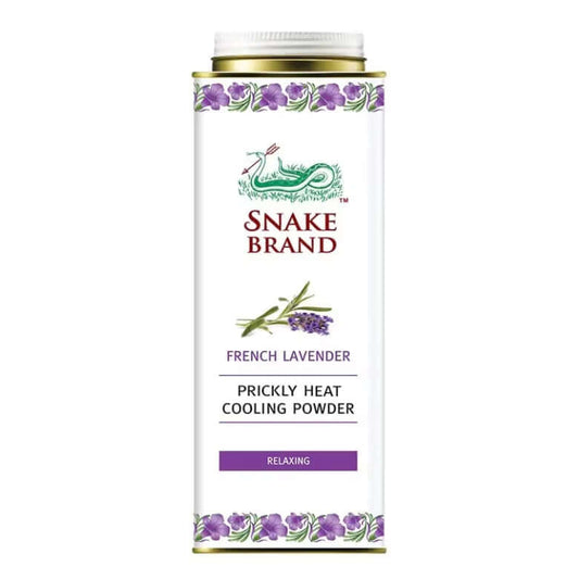 Snake Brand Prickly Heat Powder Lavender Cooling 280g front label showing lavender design and relaxing formula.