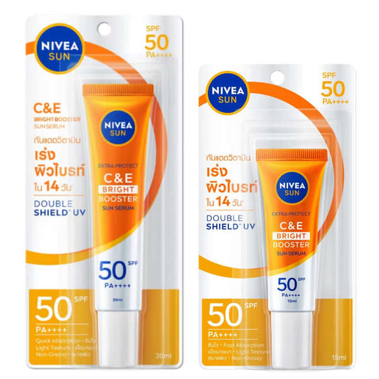 Nivea Sun C and E SPF50 Extra Protect Sunscreen Facial Serum 30ml packaging, showcasing lightweight UV protection with vitamins.
