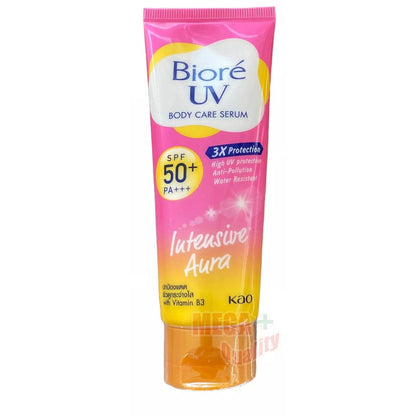 Biore UV Intensive Aura Serum 50ml Body Care Anti Pollution SPF50+ tube packaging with vibrant pink and yellow design