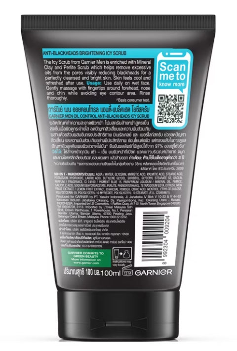 Garnier Men Oil Control Icy Scrub Face Wash 100ml back packaging with barcode