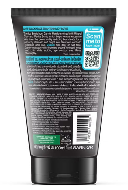 Garnier Men Oil Control Icy Scrub Face Wash 100ml back packaging with barcode
