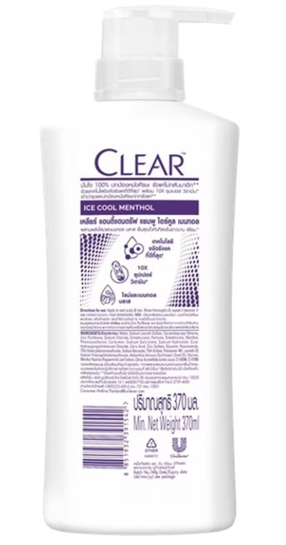 Clear Ice Cool Menthol Shampoo 350ml Back Bottle Label and Ingredients