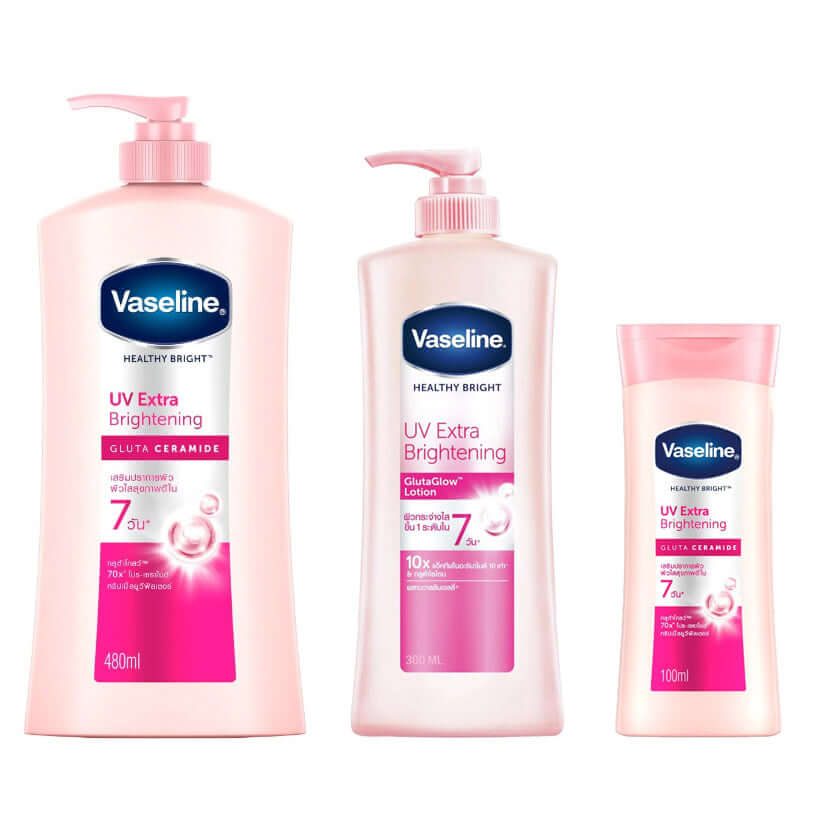 Vaseline UV Extra Brightening Lotion collection in various sizes including pump bottles and flip-top bottles