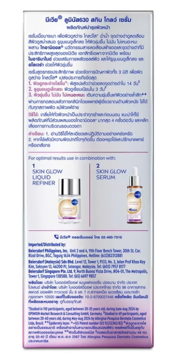 Back side of NIVEA Luminous 630 Skin Glow Serum 30ml packaging showing ingredients and usage instructions