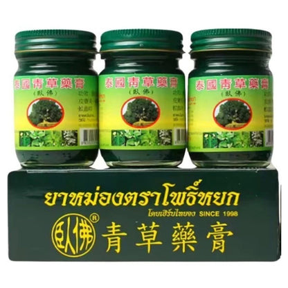 Three jars of Phoyok Thai Green Herbal Balm with product box