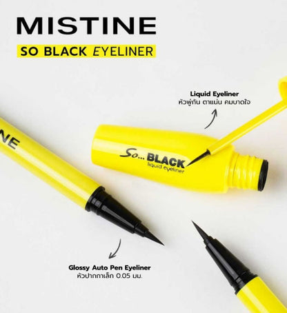 Mistine So Black liquid eyeliner product with brush and tube display