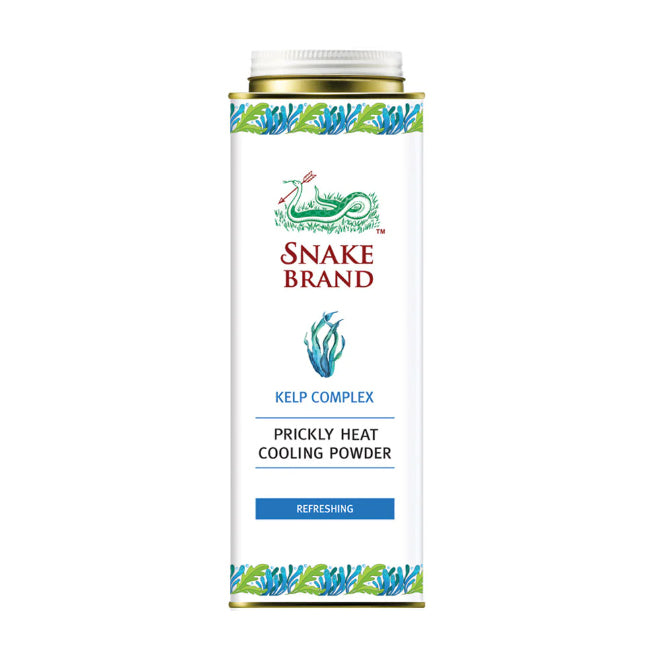 Snake Brand Prickly Heat Cooling Powder Kelp Complex Refreshing 280g front view showing ocean fresh design and sea kelp graphics.