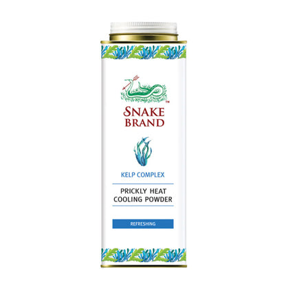 Snake Brand Prickly Heat Cooling Powder Kelp Complex Refreshing 280g front view showing ocean fresh design and sea kelp graphics.
