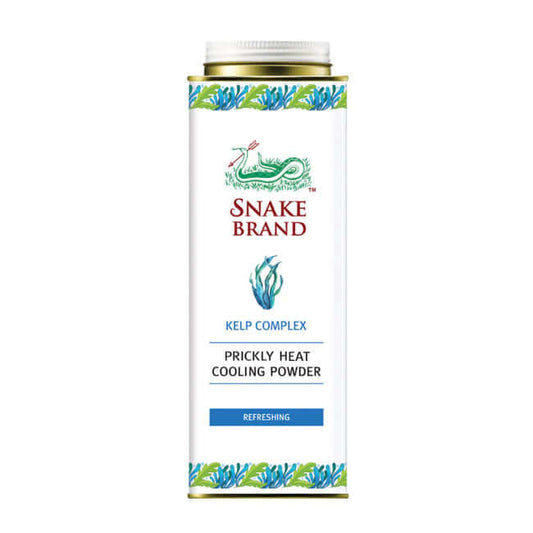 Snake Brand Prickly Heat Cooling Powder Kelp Complex Refreshing 280g front view showing ocean fresh design and sea kelp graphics.