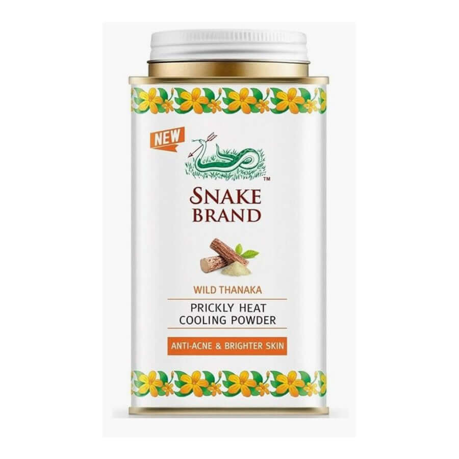 Snake brand prickly heat powder Wild Thanaka Cooling Powder front view showing product label and design