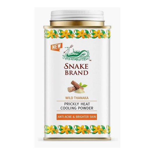 Snake brand prickly heat powder Wild Thanaka Cooling Powder front view showing product label and design