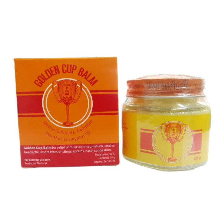 Golden Cup Balm yellow herbal ointment jar and box for muscle pain relief 50g
