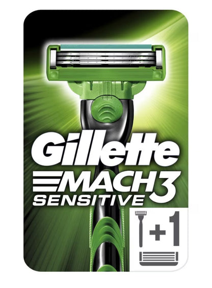 Gillette MACH3 Sensitive Razor Front Packaging Showing Handle and Blade Cartridge