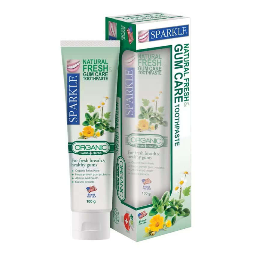 Sparkle Organic Herbal Toothpaste 100g Natural Fresh Gum Care box and tube front view