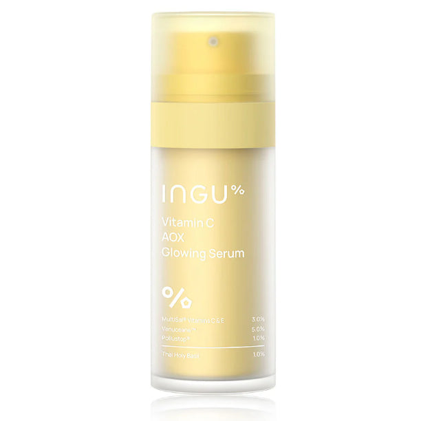 INGU Vitamin C AOX serum bottle standing upright with yellow packaging design