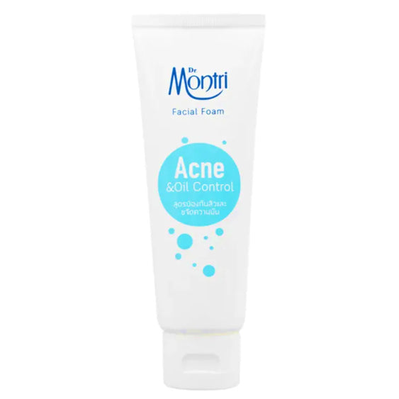 Dr Montri Acne Oil Control Foam facial cleanser tube front view showing product logo and blue acne control label