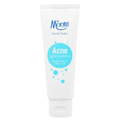 Dr Montri Acne Oil Control Foam facial cleanser tube front view showing product logo and blue acne control label