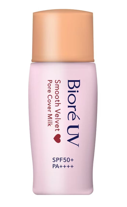 Biore UV Smooth Velvet sunscreen bottle in pink design with matte pore-cover formula.