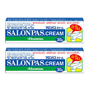 Salonpas Cream Pain Relief twin pack 30g by Hisamitsu showing two tubes and outer box for muscle and joint pain relief.