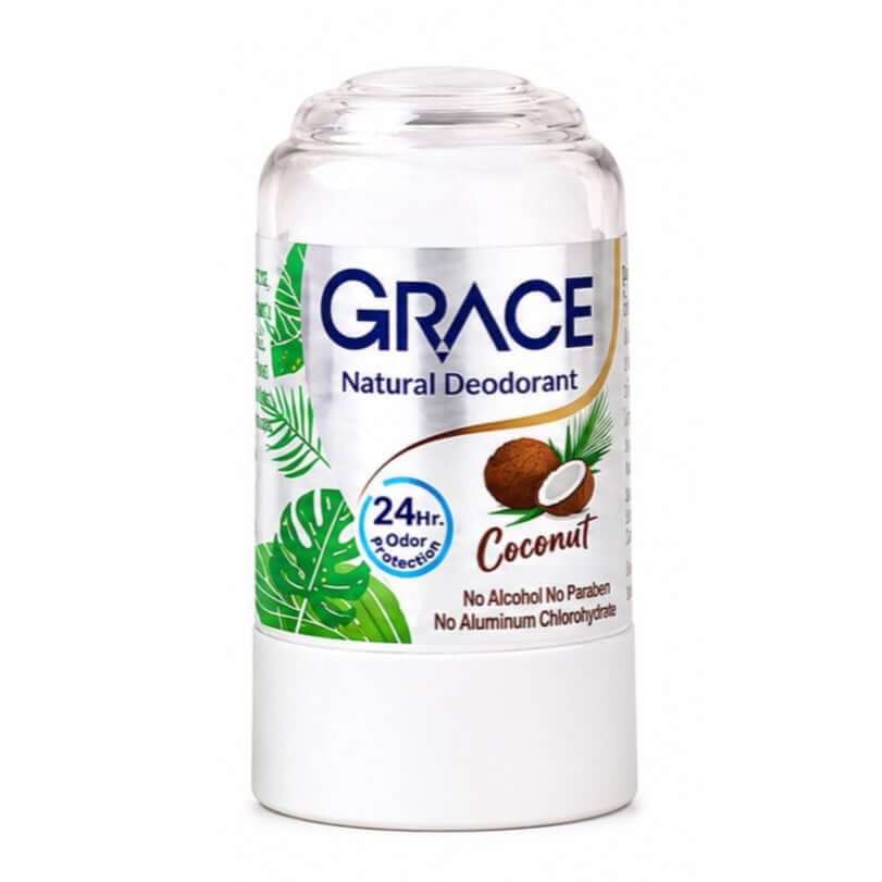 The front of a 70g stick of Grace Crystal Coconut Deodorant, showing the clear crystal, natural coconut illustration, and the brand logo on the white label.
