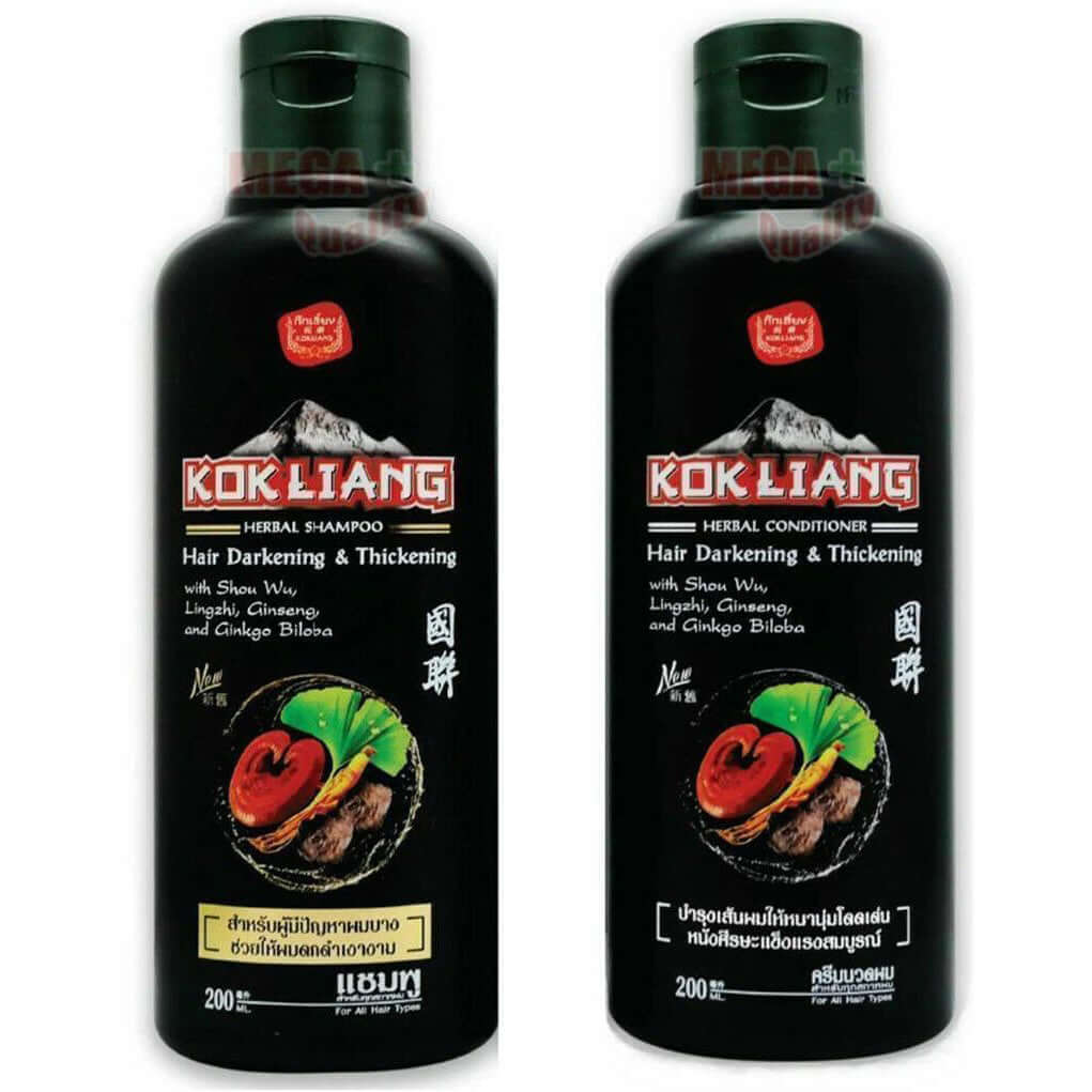 Kok Liang Hair Darkening Chinese Herbal Shampoo Conditioner 200ml set for rejuvenating fading tones.