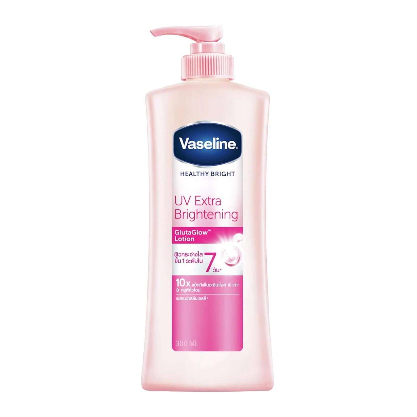 Front view of Vaseline UV Extra Brightening Lotion 300ml pump bottle with healthy bright formula
