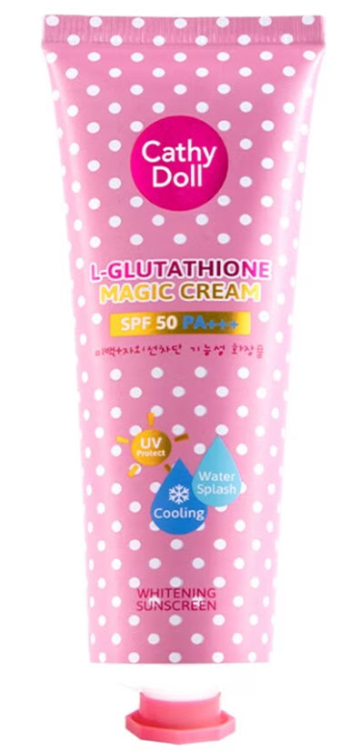 Cathy Doll L-Glutathione Sunscreen tube front view pink polka dot design