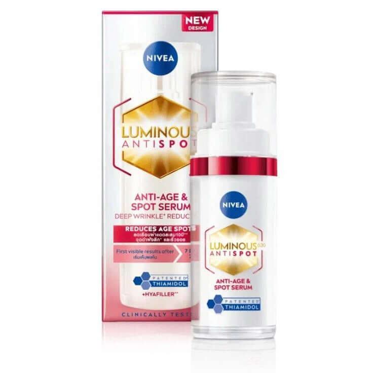 Nivea Luminous 630 Spot Serum skincare set with facial serum and cleanser bottles