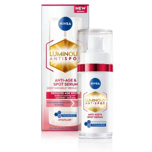 Nivea Luminous 630 Spot Serum skincare set with facial serum and cleanser bottles