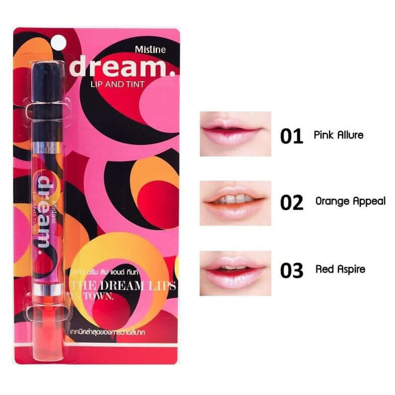 Mistine Dream Lip Tint packaging design with product and shade options