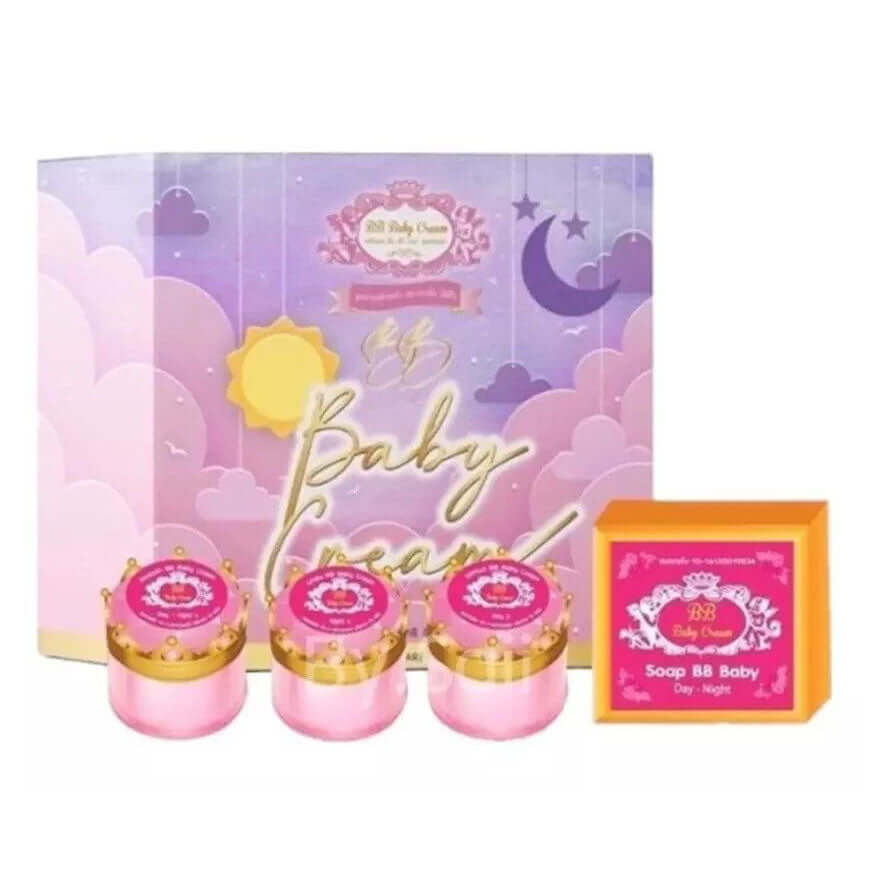 BB Baby Cream Set open box showing facial creams (12g) and soap day night set