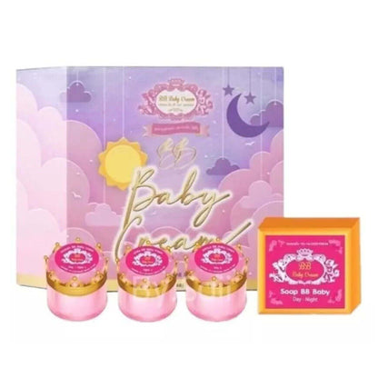 BB Baby Cream Set open box showing facial creams (12g) and soap day night set