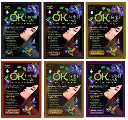 OK Herbal Hair Dye Shampoo 30ml in multiple color options Black Dark Brown Red Brown packaging set