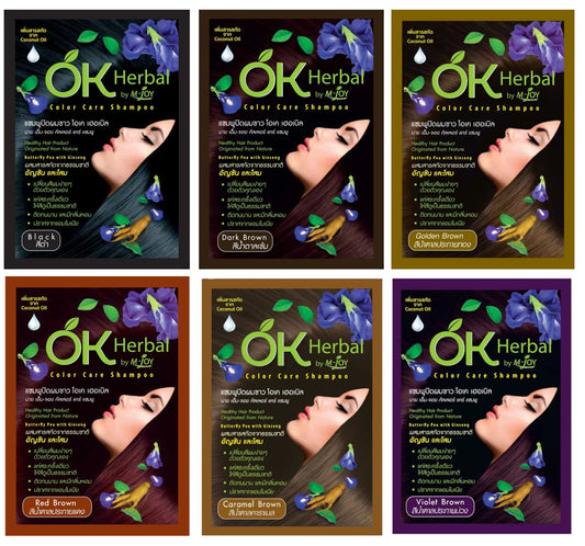 OK Herbal Hair Dye Shampoo 30ml in multiple color options Black Dark Brown Red Brown packaging set