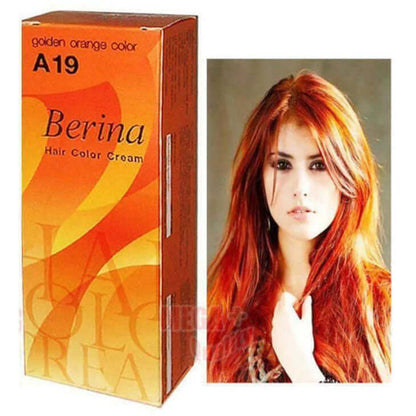 Berina A19 Hair Color Cream Golden Orange box and model hair color result