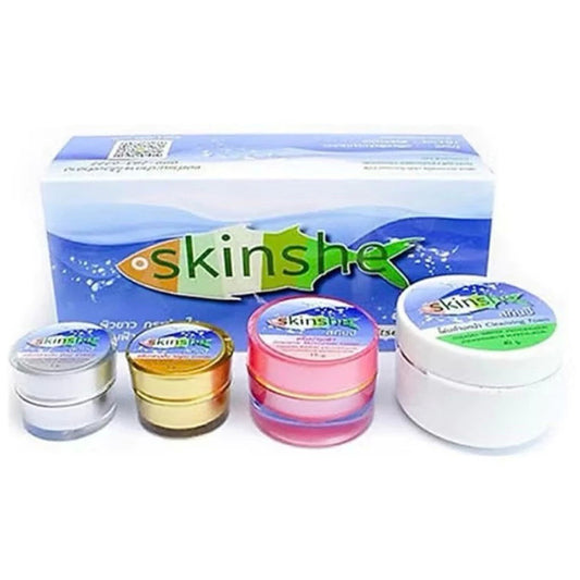 Skinshe Whitening Cream Set full box with facial foam and four skincare jars for melasma and dark spots