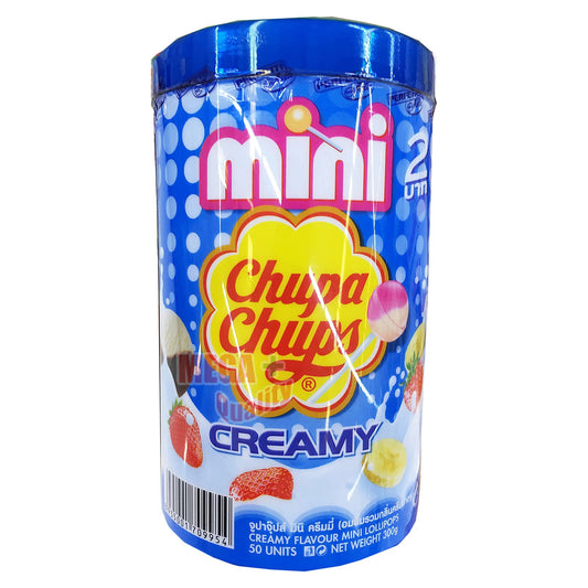 Mini Chupa Chups Lollipops 50 Pack 300g creamy assorted in blue plastic jar