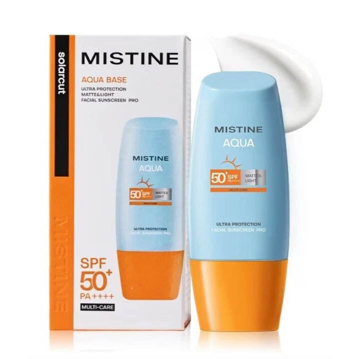Mistine Aqua Sunscreen SPF50 PA++++ bottle and box front view matte light formula