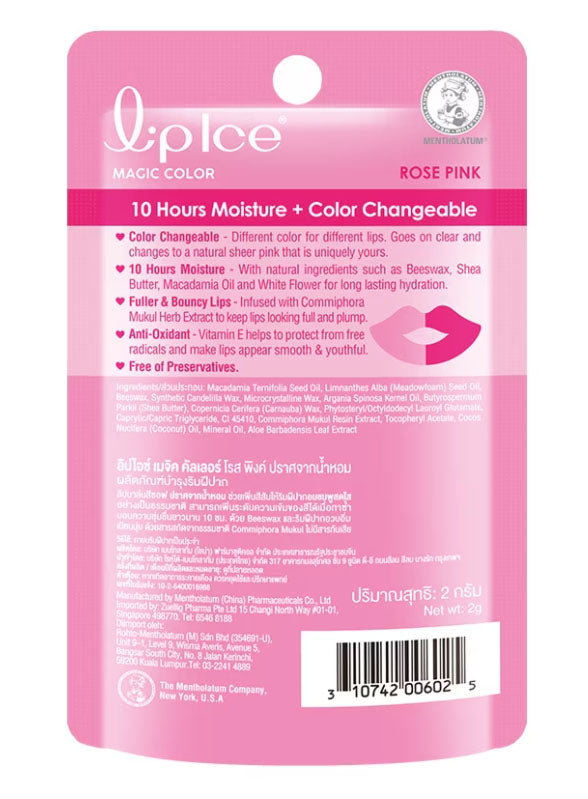 LipIce Magic Color lip balm rose pink packaging back details ingredients