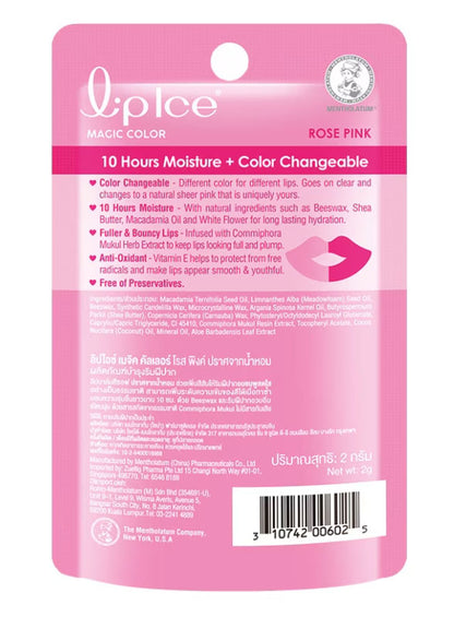 LipIce Magic Color lip balm rose pink packaging back details ingredients