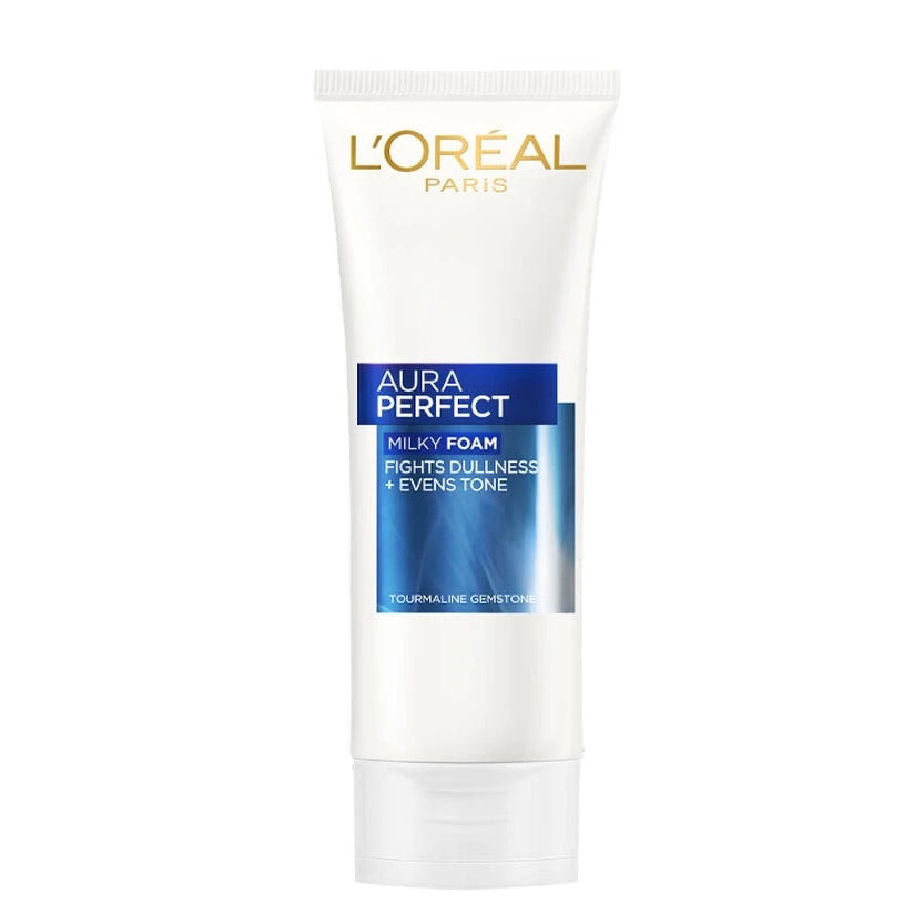 LOreal Paris Aura Perfect Milky Foam Cleanser 100ml fights dullness evens skin tone with tourmaline gemstone for radiant complexion
