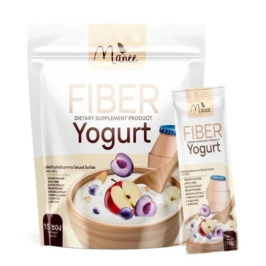Manee Fiber Yogurt Detox supplement sachets pack front view with yogurt and fruit illustration