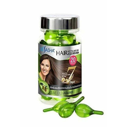 Lesasha Hair Vitamin Serum Capsule Olive Oil bottle with capsules scattered on white background