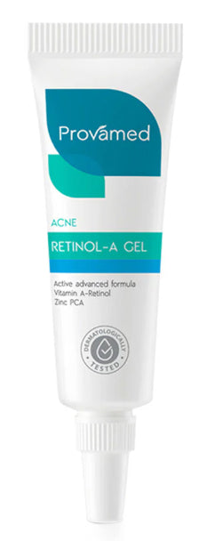 Provamed Retinol-A Acne Gel tube close-up on white background