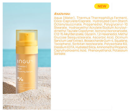 INGU Vitamin C AOX brightening serum bottle displayed on a beach background with product details beside it