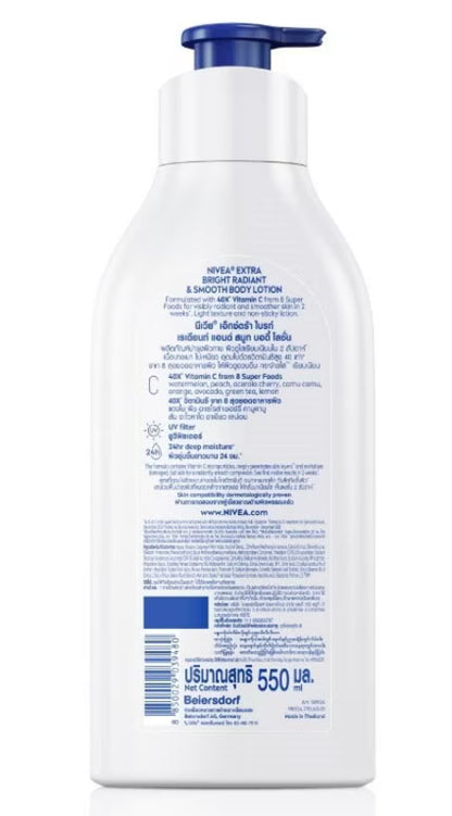 NIVEA Extra Bright Body Lotion 550ml back label ingredients and details