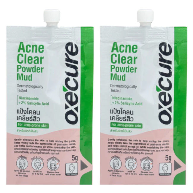 Oxe Cure Acne Clear Powder Mud sachet packaging front view for acne spot treatment