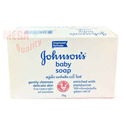 Front view of the Johnson Baby Soap box, showing the brand logo and product benefits.
