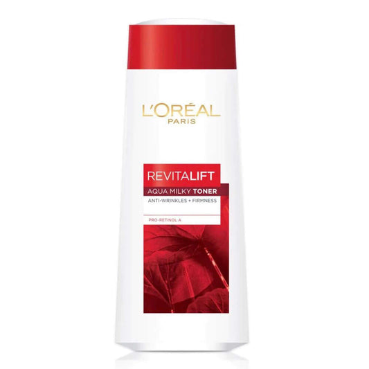 Front view of Loreal Revitalift Toner bottle with red cap.