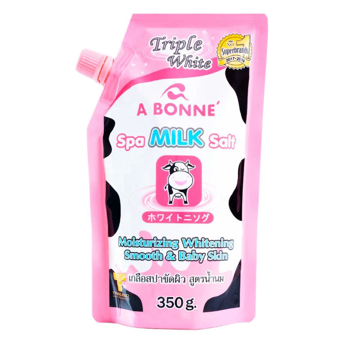 A Bonne Spa Milk Salt front packaging pink pouch 350g body scrub